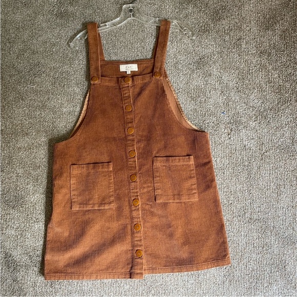 Chelsea & Violet Tan Corduroy Mini Bib Jumper Dress Size M Retro look - Picture 5 of 8